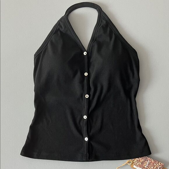 New OGL Plantive® Stretch Cotton Halter Neck Faux Button Placket Brami - Black - Picture 1 of 10